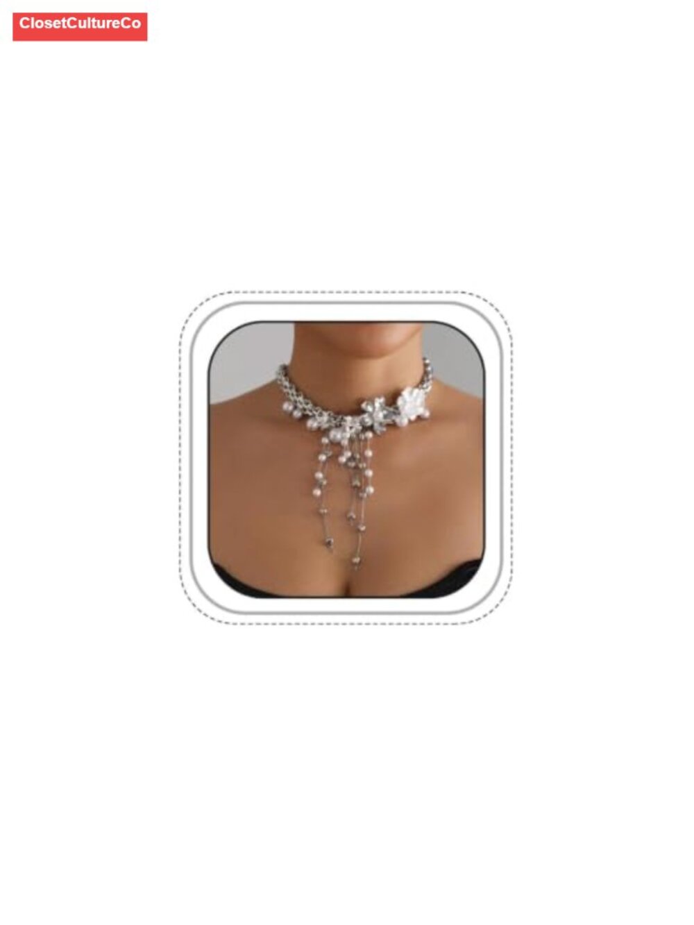 Chunky Silver Flower Pearl Tassel Choker Necklace Adjustable Y2k Heart Chain